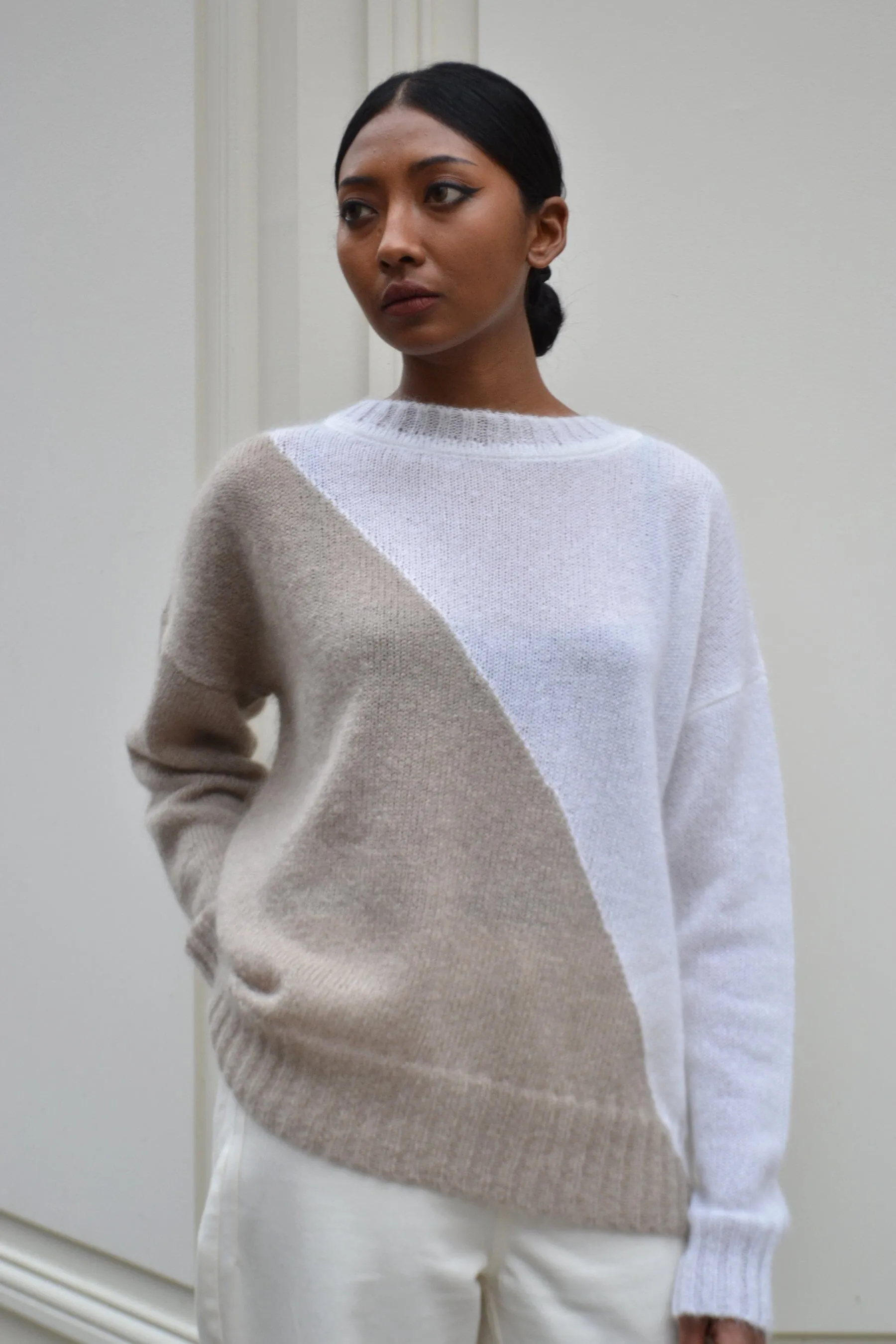 ANA - Pull en mohair bicolore Café et Ecru
