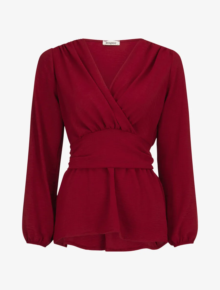 Blouse élastiquée à col V - Bordeaux
