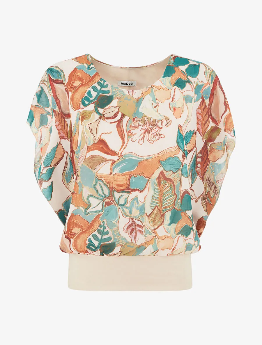 Blouse imprimé feuilles à manches volantées - Beige