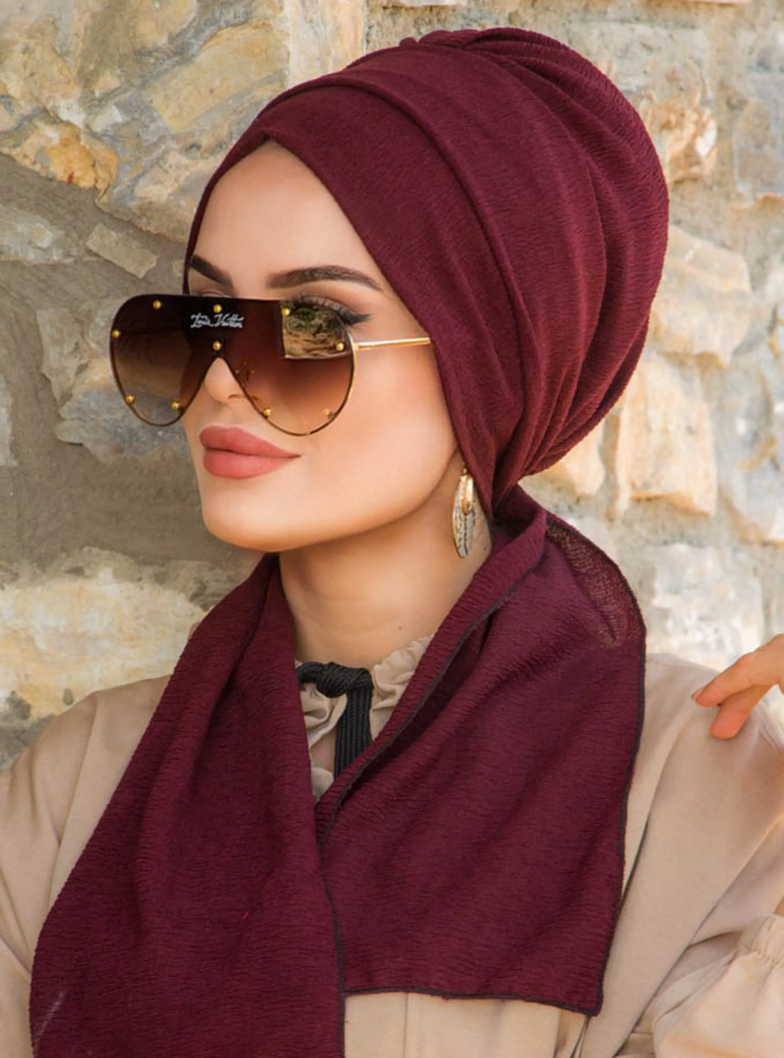 Crinkle Fabric Scarf Undercap Dark Burgundy Instant Scarf