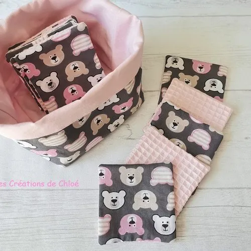 Panier et 12 lingettes bébé roses et grises
