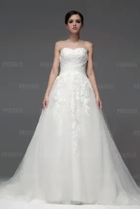 Robe empire ligne-A dentelle ruchée à traîne Chapel