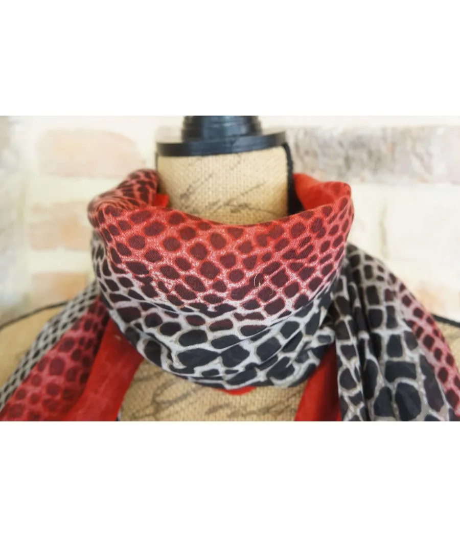 SANTAIA FOULARD FEMME ANIMAL ECAILLE NOIR GRIS BANDE ROUGE PAS CHER