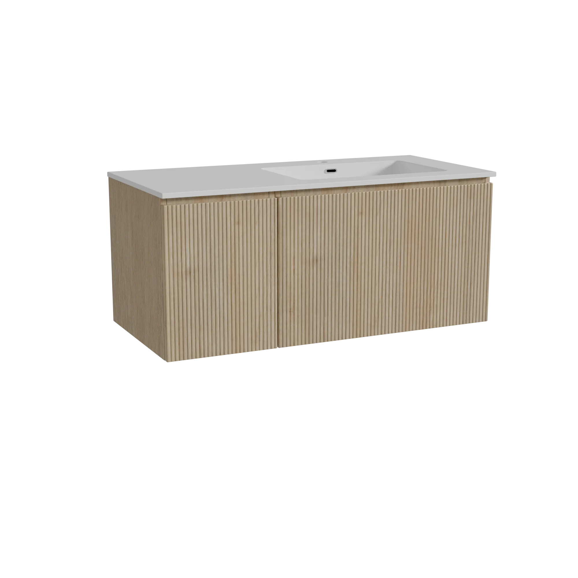 Storke Ribs meuble salle de bains suspendu 110 x 52 cm chêne brut avec Diva plan vasque asymétrique à droite en marbre composite