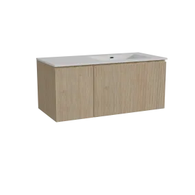 Storke Ribs meuble salle de bains suspendu 110 x 52 cm chêne brut avec Diva plan vasque asymétrique à droite en marbre composite