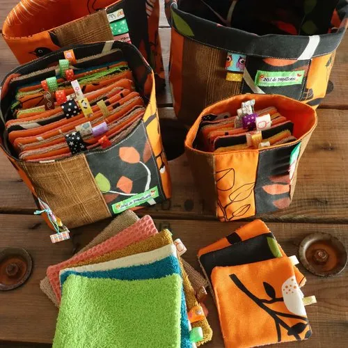 Superbe lot 4 paniers & 36 lingettes oiseaux oranges