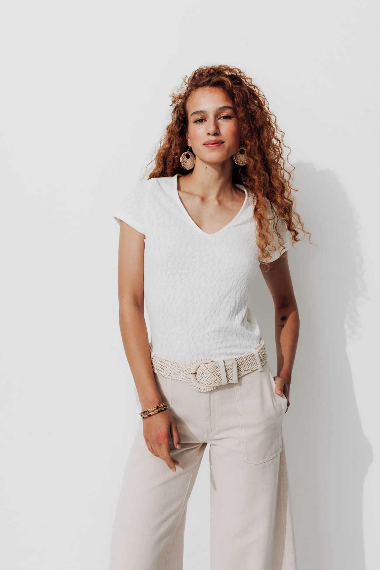 T-shirt fantaisie col V Femme - Ecru